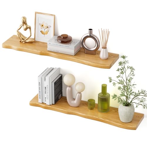 Floating Shelves for Wall Rustic Farmhouse 36 Inch Floating Shelf Bathroom Wooden Shelves for Wall Mounted Live Edge Pine Shelf with Unique Natural Grain for Living Room Bedroom Kitchen (Natural) - color: Natural, size: 36 inch - 2pcs