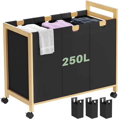 Homykic 250L Laundry Sorter Cart with Wheels, 3-Section Rolling Laundry Basket with Removable Bags, 66 Gal Large Laundry Hamper Organizer, Heavy Duty Bamboo Frame, Water-Resistant, Black - color: Black