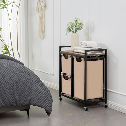 Suntage Laundry Basket Organizer - Hampers with 3 Compartments, Sliding Laundry Sorter Bags, Top Storage Shelf, Metal Frame - style: Rustic