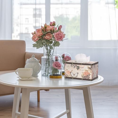 Vintage Tissue Box Cover, Wood Rectangular Tissue Box Holder, Decorative Butterflies Faux Leather Tissue Holders for Table Bathroom Living Room Kitchen Office Car Home Decor, Distressed Pink - size: Large