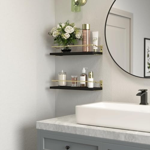 RICHER HOUSE Bathroom Floating Wall Shelf Set of 2 - Guard-Rail Small Wood Shelves for Decor, Over Toilet Storage, Kitchen Organizer - Black Gold - color: Black & Gold