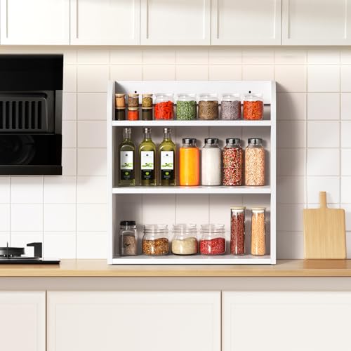 ROMGUAR CRAFT 3 Tier Bamboo Spice Rack, Countertop or Wall Mounting Wood Spice Jars Organizer Shelf for Kitche, Pantry (White) - color: White, size: 3 Tier
