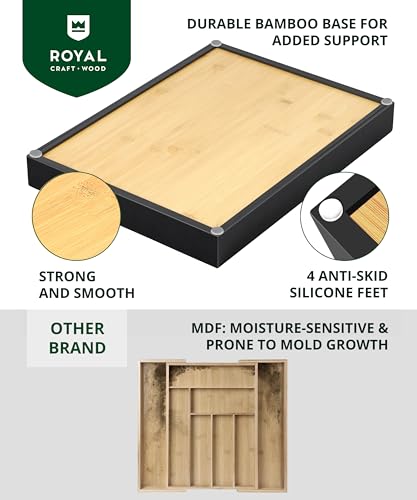 ROYAL CRAFT WOOD Luxury Bamboo Kitchen Drawer Organizer - Silverware Organizer - Utensil Holder and Cutlery Tray with Grooved Drawer Dividers for Flatware and Kitchen Utensils (7 Slot) - color: Black/Natural, size: 7 Slot