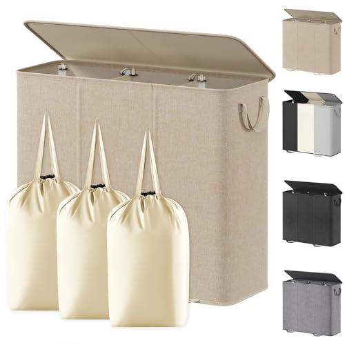 Lifewit Triple Laundry Hamper with Lid and Removable Laundry Bags, Large Collapsible 3 Dividers Dirty Clothes Basket with Handles for Bedroom Laundry Room Closet Bathroom College, 185L Beige - color: Beige, size: 185L