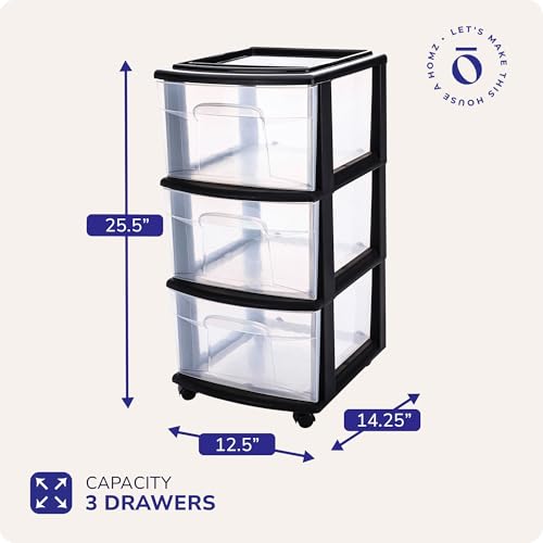 HOMZ Drawer Tower, 3-Tier Clear Plastic Storage Organizer Cart, Black Frame – Organizing Containers with Wheels for Home, Bathroom, Bedroom, Office, and Classroom - color: Black, size: 1 Pack