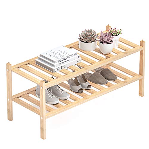Dranixly Shoe Rack, 2-Tier Bamboo Stackable Shelf Storage Organizer, Stand for Closet, Entryway, Hallway, Bathroom and Living Room（Natural） - color: Natural, size: 2-Tier