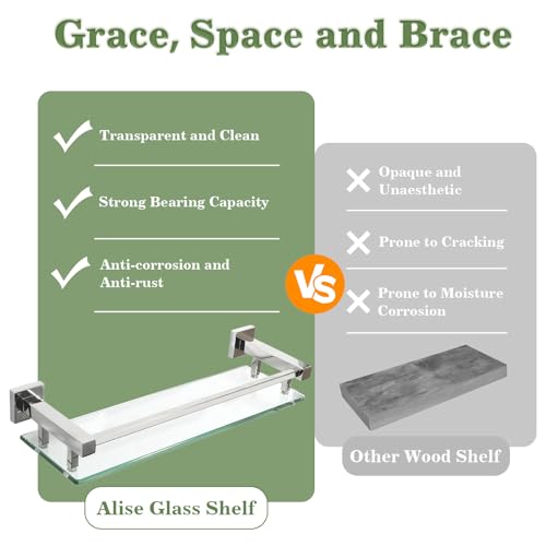 Alise Glass Shelf for Bathroom 20 inch, Polished Chrome Glass Floating Shelves, Stainless Steel Glass Bathroom Shelves Wall Mounted - color: Polished Chrome, size: 20 Inch