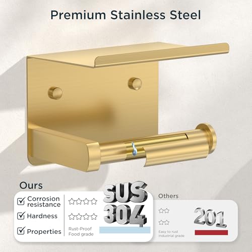 FORIOUS Toilet Paper Holder with Shelf, Adhesive or Screw Wall Mount Toilet Paper Roll Holder for Bathroom, 304 Stainless Steel Commercial Toilet Tissue Roll Dispenser with Phone Shelf (Brushed Gold) - color: Brushed Gold