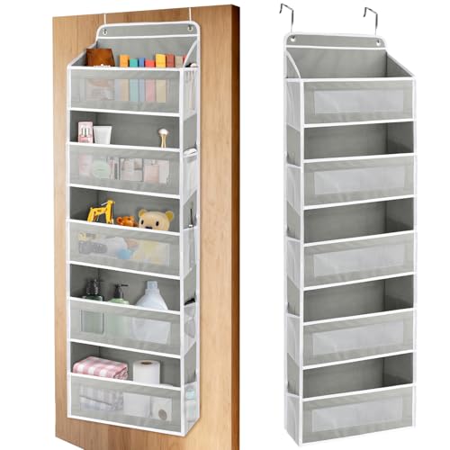 Over The Door Storage Organizer with 5 Extra Large Pockets & Side Mesh Pouches, Hanging Closet Door Organizer for Bedroom, Baby Nursery Storage, Anti-Tilt Design, Fits 1.6" Doors-Gray - color: Gray