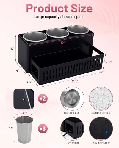 Hair Tool Organizer, Detachable Hair Dryer Holder with 3 Stainless Steel Cups, Wall Mounted Bathroom Organizers and Storage for Accessories, Curling Irons, Straighteners, Toiletries, Makeup - color: Black