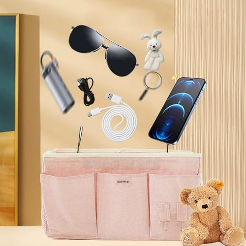 Bedside Storage Caddy Bag,Bedside Hanging Organizer Magazine Holder for Bunk bed Hospital Beds Holders Books Glasses Phones (Pink)