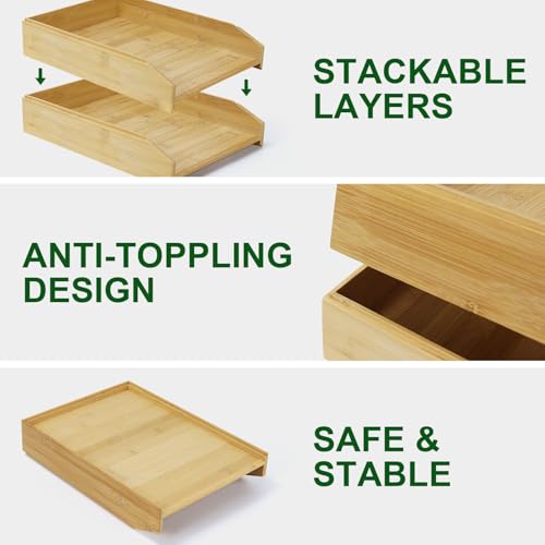 MultiBey A4 Bamboo Stackable Paper Tray 2-Pack, 2-Tier Anti-Toppling Desk Organizer, Wooden Letter Document Magazine Tray Desktop File Folder Holder for Office & Home Supplies