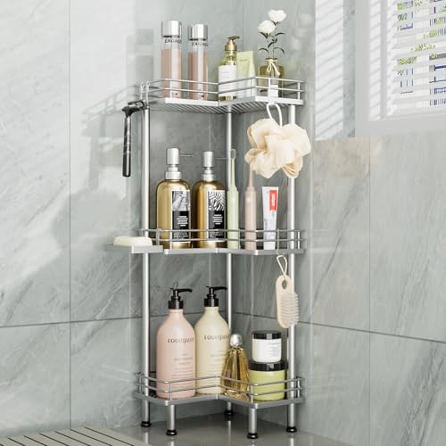 Consumest Corner Shower Caddy Standing - 3-Tier Stainless Steel Shower Organizer with Soap Holder and 4 Hooks, Large Capacity Corner Shelf Stand for Bathroom, Rest Room, Silver - color: Silver, size: 3 Tier