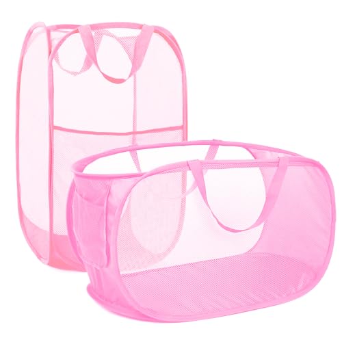 2 Pcs Durable Collapsible Laundry Baskets - Reinforced Mesh Pop Up Laundry Hamper with Pocket, Foldable Dirty Clothes Hamper with Carry Handles for Laundry, Bathroom, Kids Room, Dorm or Travel Pink - color: Pink, size: Pop Horizontal+Vertical