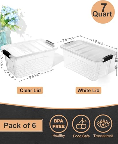 NUMIFUN Plastic Storage Bins with Lids 6 Pack, 7 Quart Storage Containers with Black Buckle Latch, Stackable Storage Containers for Home Pantry Office Classroom Organization, White - color: Clear+White+Black