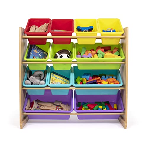Humble Crew Kids Toy Storage Organizer with 12 Plastic Bins, Natural Wood/Rainbow – Removable Bins for Playroom, Bedroom, Toddler Furniture for Boys and Girls Ages - color: Rainbow/Natural Wood