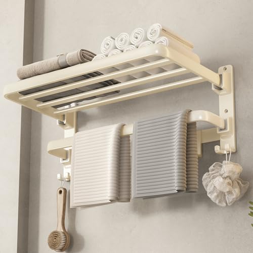 VOLDRA Towel Racks for Bathroom, 24-Inch Towel Shelf with Towel Bar Foldable Towel Holder with 7 Hooks Towel Storage Organizer for Bathroom & Lavatory Wall Mounted(Cream White) - color: Milky White, size: Extra 1 towel bar