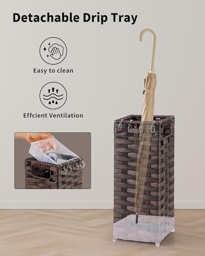 Rattan Umbrella Stand, Umbrella Holder for Entryway, Hand Woven Umbrella Rack Organizer Freestanding, with a Detachable Drip Tray, 4 Hooks, 6.5" L x 6.5" W x 16.5" H, Brown - color: Brown, size: S(6.5" L x 6.5" W)