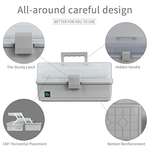 Creahaus 13 inch Art Craft Organizer Storage Box with 3 Layer, Multipurpose Plastic Tool Box with Handle for Sewing, Art Supply, Medicine, Nail, Hair Accessories (Grey) - color: Grey