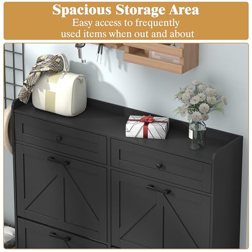 Thacuok Shoe Cabinet with 4 Flip Drawers & 2 Storage Drawers, Rustic Farmhouse Narrow Shoe Organizer Cabinet, Slim Shoe Rack Cabinet, Shoe Storage Cabinet for Entryway, Hallway, Front Door - color: Black, size: 4 Drawers