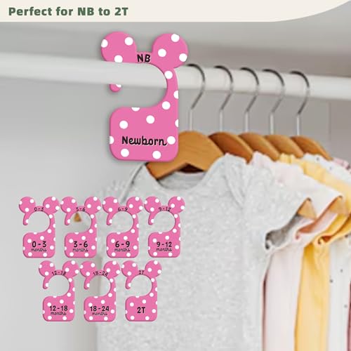 JMOST Girl Baby Closet Dividers for Nursery Closet Organizer, Newborn to 24 Months Size Clothes, Cute Pink Hangers with Size Dividers, Double Sided - color: Pink