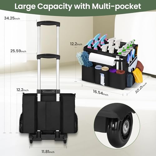 Large Rolling Cleaning Caddy with Detachable Trolley, Cleaning Supply Organizer Bag with Wheels & Multi-Pockets, Water-Resistant Cleaning Cart on Wheels for Housekeeping, Cleaner