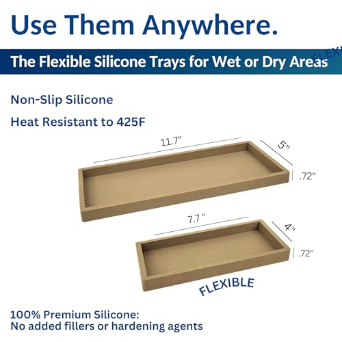 Spacewiser Countertop and Vanity Tray - 2 PC (11” and 7”) Shatterproof Silicone Kitchen and Bathroom Trays for Counter, Kitchen Soap Dispenser Tray, Vanity Trays for Bathroom, Perfume Key Tray - color: Latte Tan, size: Set‐ 1 Small + 1 Large