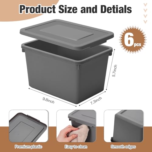 Potchen 6 Pcs Pack Cute Plastic Storage Bins with Lids Decorative Stackable Storage Boxes 9.8" ×7.3" ×5.7" Small Storing Totes for Organizing Craft Office Supplies (Grey) - color: Grey