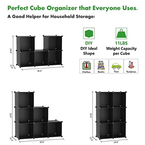 C&AHOME 6-Cube Storage Organizer, Stackable Storage Cubes Shelves, Portable Bookshelf, Plastic Clothing Storage Closet Organizer, DIY Modular Shelving Units for Wardrobe, Home, Black - color: Black