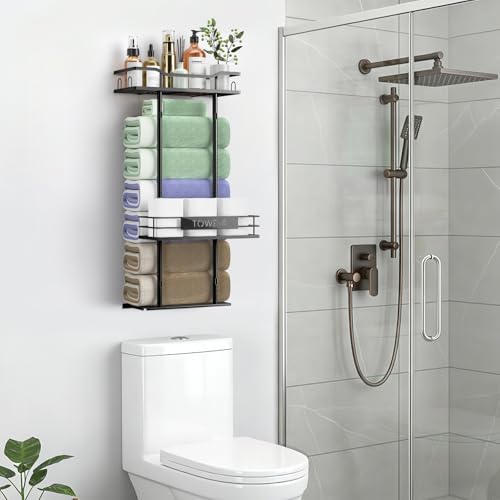 Towel Racks for Bathroom, 30inch Wall Mounted Towel Rack, Towel Storage for Small Bathroom Can Holds 6 Large Towels, Floating Shelf with Adjustable Tissue Basket(Black). - color: Black