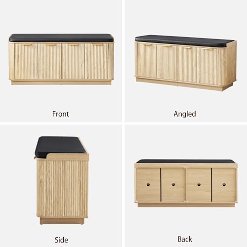 Fluted 2-Tier Entryway Shoe Bench with Doors and Adjustable Shelf, 43.3'' Wide Shoe Storage Bench with Cushion Seat for Entrance, Hallway, Living Room, End of Bed - Natural - size: Door-natural
