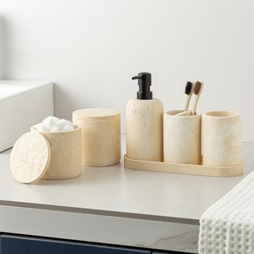 Bathroom Accessories Set, Travertine Stone-Look, 6 PCS Bathroom Accessory Set with Soap Dispenser, Toothbrush Holder, Tumbler, Vanity Tray, Cotton Swab Jars for Countertop (Yellow) - color: Yellow