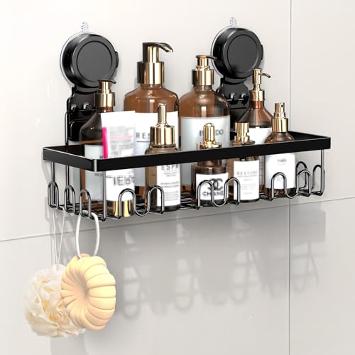 JOTPE Shower Caddy Suction Cup, Powerful Suction Storage Shelf Holds Up to 40 lbs, No Drilling Bathroom Organizer with Large Capacity, Removable & Reusable Shower Basket with Hooks, Rustproof, Black - color: black, size: Size: 1 x Medium