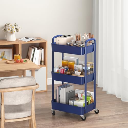 Sywhitta 3-Tier Plastic Rolling Utility Cart with Handle, Multi-Functional Storage Trolley for Office, Living Room, Kitchen, Movable Storage Organizer with Wheels, Blue - color: Blue, size: 3-tier