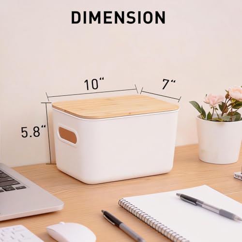 Citylife Storage Bins with Bamboo Lids 7QT Plastic Storage Containers Stackable Organizer Boxes with Handle for Desk Snacks, Toys, 4 PCS, 10" L x 7" W x 5.8" H - size: Small, style: 4 Pack