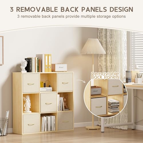 9 Cube Storage Organizer - Solid Wood Bookshelf with 5 Storage Bins, Cube Shelf with 3 Removable Back Panels, Vertical or Horizontal Bookcase, Open Book Shelf for Bedroom, Living Room, Office - size: 9 Cube Shelf