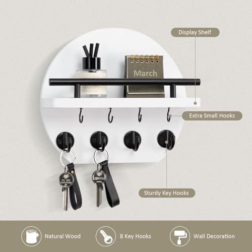 Nekon Key Holder for Wall - 9.8 Inch Apartment Wall Decor with Shelf and 8 Key Hooks, Circular Wood Key Hanger for Home Decor (White) - color: White