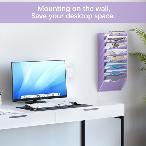 EasyPAG 8 Pocket Mesh Wall File Organizer, Hanging Paper Folder Holder with Classify Label, Vertical Wall Mount Mail Organizer for Office Home Classroom, Purple - color: Purple, size: 8 Tier