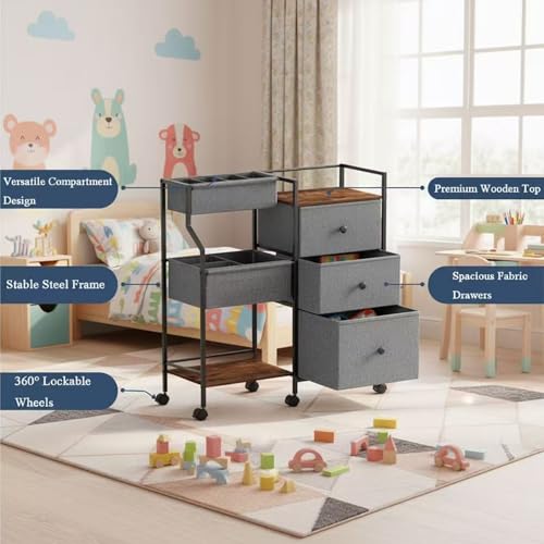 PandaEar Baby Diaper Caddy Organizer and Storage, 3-Tier Rolling Nursery Cart with Drawers & Dividers, Mobile Utility Storage Cart with Wheels for Baby Essentials, Bedroom, Changing Table, Darkgrey