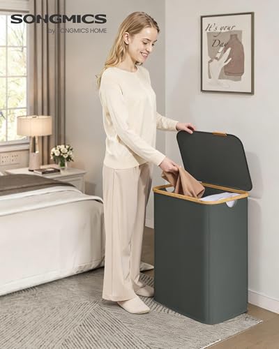 SONGMICS Laundry Hamper, Laundry Basket with Lid, Foldable Storage Basket, Bamboo Frame, for Bedroom, Living Room, Oxford Fabric, 37 Gal. (140 L), Slate Gray ULCB519GN01 - color: Slate Gray, size: 140 L (2-Section)