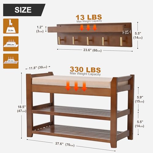 PETKABOO Shoe Rack for Front Door Entrance, 28” Entryway Bench with Coat Rack, Hall Tree Shoe Bench with Storage for Entry, Hallway, Bedroom, Living Room - color: Brown, style: 28 in with hook