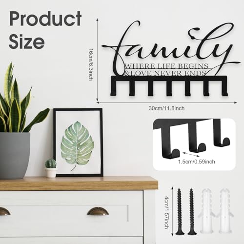 Hicarer Family Key Holder Metal Hooks Decorative Hanger Black Rack Wall Mount Organizer with Screws and Anchors for Keys Hat Kitchen Entryway Front Door Home Decor - color: Black, style: Classic Style