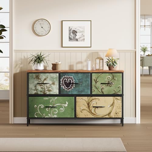 OLIXIS Dresser for Bedroom with 5 Drawers, Wide Chest of Drawers, Fabric Bedroom Dresser with Drawer Organizer, Storage Organizer Unit with Fabric Bins for Closet, Living Room, Hallway, Flower - color: Flower, size: 11.9"D x 38.1"W x 20.9"H (5 Drawers)