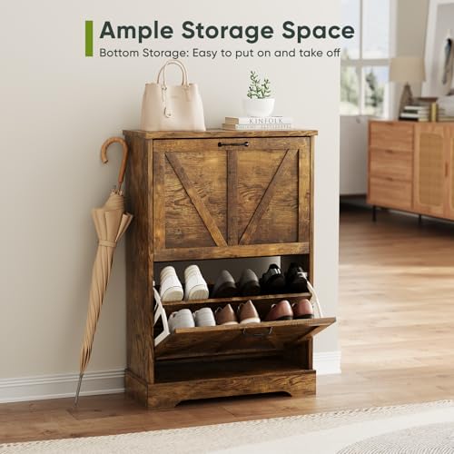 Smart FENDEE Shoe Cabinet, Shoe Storage Cabinet for Entryway with 2 Flip Drawers, Narrow Farmhouse Shoe Organizer Cabinet, Slim Shoe Rack Cabinet, 23.6in Rustic Brown - color: Rustic Brown, size: Width - 23.6 inches