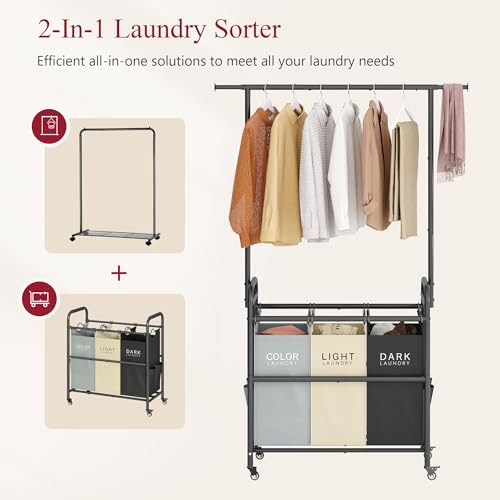 Tajsoon Laundry Sorter Cart with Hanging Clothes Rack, 3 Butler Sorter Basket Organizer, Laundry Hamper Cart with Heavy Duty Rolling Lockable Wheels, 3 Colors - color: 3 Colors, size: 3 bag