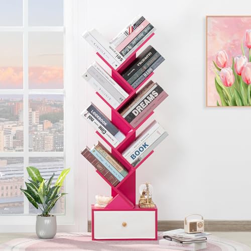 SHEEPAM 8 Tier Tree Bookshelf with Drawer, Free Standing Wood Bookcase for Narrow Space, Storage Organizer Bookshelves for Books, Book Case for Home Office, Living Room, Bedroom - Pink - color: Pink, size: 8 Tier