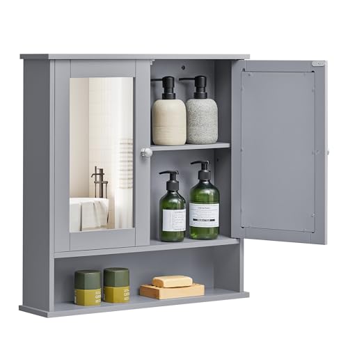 VASAGLE Bathroom Cabinet with Mirror, Wall Cabinet with 2 Mirrored Doors, Adjustable Shelf, Open Compartment, Wall-Mounted, 5.1 x 22.2 x 23 Inches, Dove Gray ULHC002G02 - color: Dove Gray, size: 5.1"D x 22.2"W x 23"H