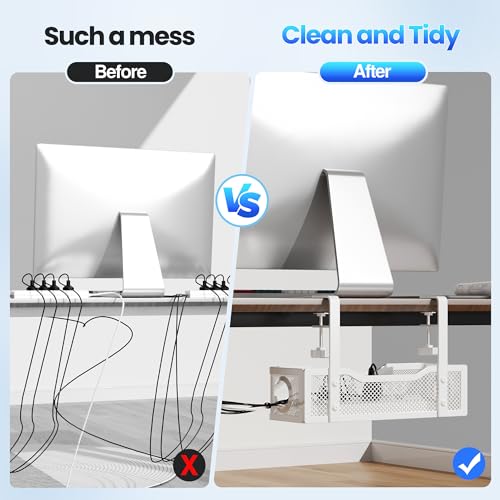 Cable Management Under Desk Tray, No Drill Cable Management Box with Clamp for Wire Organization, Cord Organizer for Office, Home - No Damage to Desk (White) - color: White