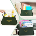 Foldable Storage Basket Bin PU Leather Desktop Organizer Box Green Small Catchall Basket Rectangle Tray Double Handles for Entryway Bedside Dresser End Table Cosmetic Jewelry Key Wallet - color: Green
