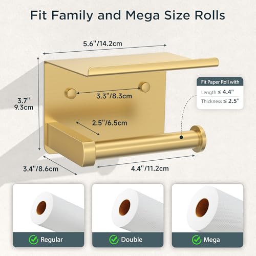 FORIOUS Toilet Paper Holder with Shelf, Adhesive or Screw Wall Mount Toilet Paper Roll Holder for Bathroom, 304 Stainless Steel Commercial Toilet Tissue Roll Dispenser with Phone Shelf (Brushed Gold) - color: Brushed Gold